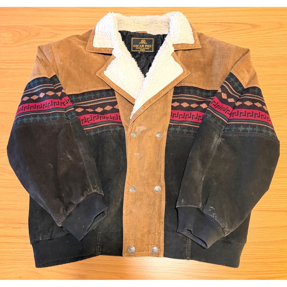 Oscar Piel Vintage Southwestern Suede Leather Jacket XL Faux Shearling Bomber